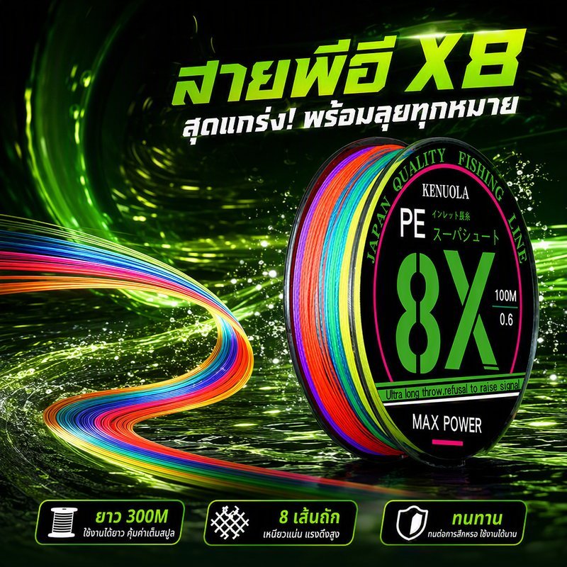 สายเบ็ดตกปลา PE ถัก X8 100M สายเอ็นตกปลา ลื่น ทน น้ำจืด น้ำเค็ม สีหลากหลาย 1 3