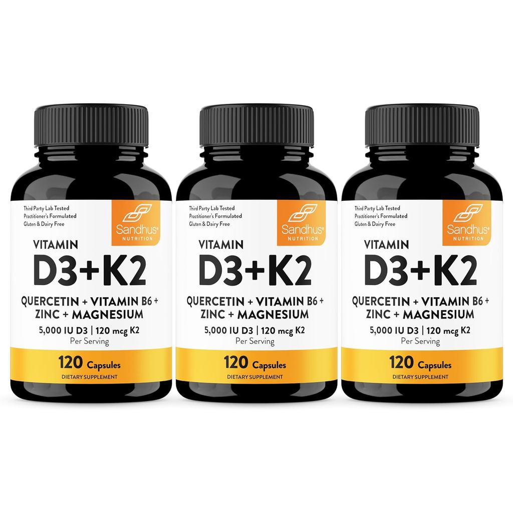 Sandhu's Vitamin D3 K2 Magnesium 5000 IU, 120mcg K2 Capsules 120 Count (Pack of 3) | with VIT B6, Zi