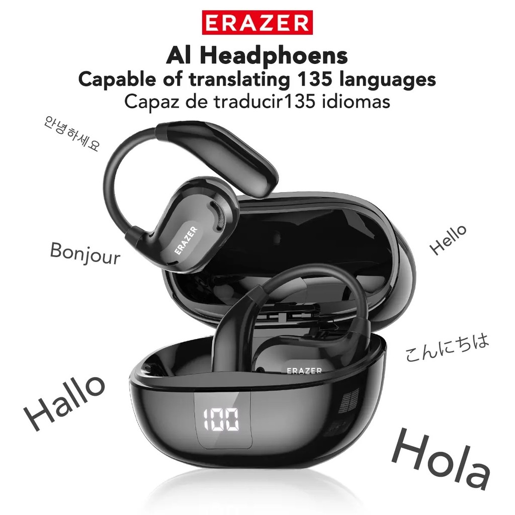ERAZER XT66PRO /AI หูฟังไร้สาย 134 ภาษาชุดหูฟังบลูทูธ การแปลแบบเรียลไทม์ เสียง Hi-Fi & Mic TWS AI หู