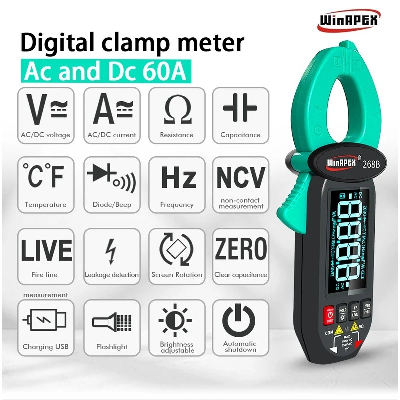 O8M9 ขายร้อน 268B Digital Clamp Meter 60A 1000V AC DC Current Clamp True RMS Clamp Amperemeter โวลต์