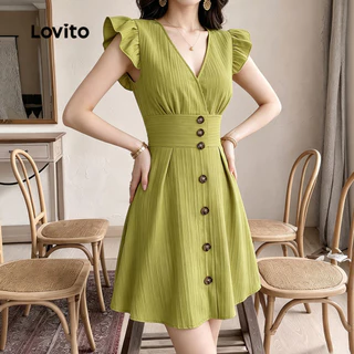 (New Arrival) Lovito เดรสสีชมพูเรียบง่ายแต่งระบายกระดุม เดรสฤดูสปริง/ฤดูร้อนสําหรับผู้หญิง LK7ED1181