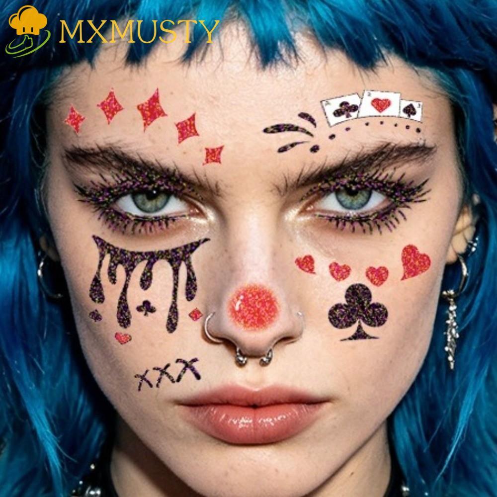 MXMUSTY 4 ชิ้นฮาโลวีน Joker Tattoo สติกเกอร์, Glitter Joker กันน้ํา Joker Blush รอยสักชั่วคราว, สมจร