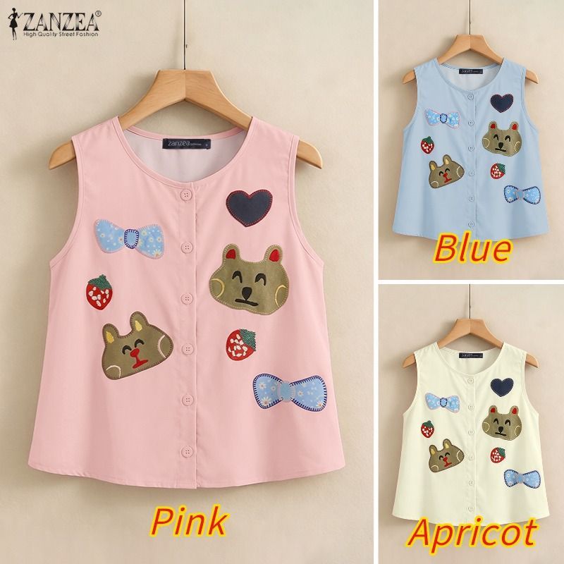 ZANZEA ผู้หญิงเกาหลีเรียบง่ายแขนกุดคอกลมหลวมการ์ตูนพิมพ์ Tank Tops — صورة 3