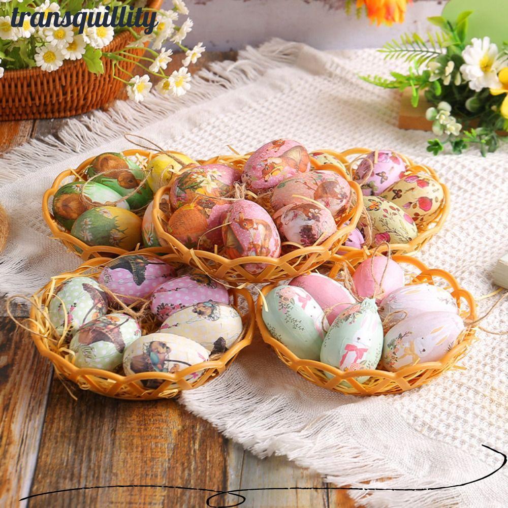 TRANSQUILLITY 6PCS ไข่กระต่ายแขวนเครื่องประดับ, Mini DIY Craft ไข่อีสเตอร์,พร้อมตะกร้าทอผ้าที่มีสีสัน Multi-รูปแบบไข่ที่มีสีสันตกแต่งอีสเตอร์