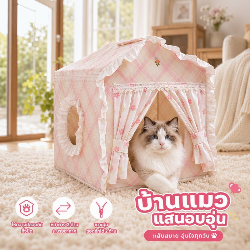 บ้านแมว บ้านสัตว์เลี้ยง ดีไซน์เต้นท์สไตล์เจ้าหญิง มาพร้อมเบาะ กึ่งปิด ถอดซักทำความสะอาดได้ ไซซ์ M L