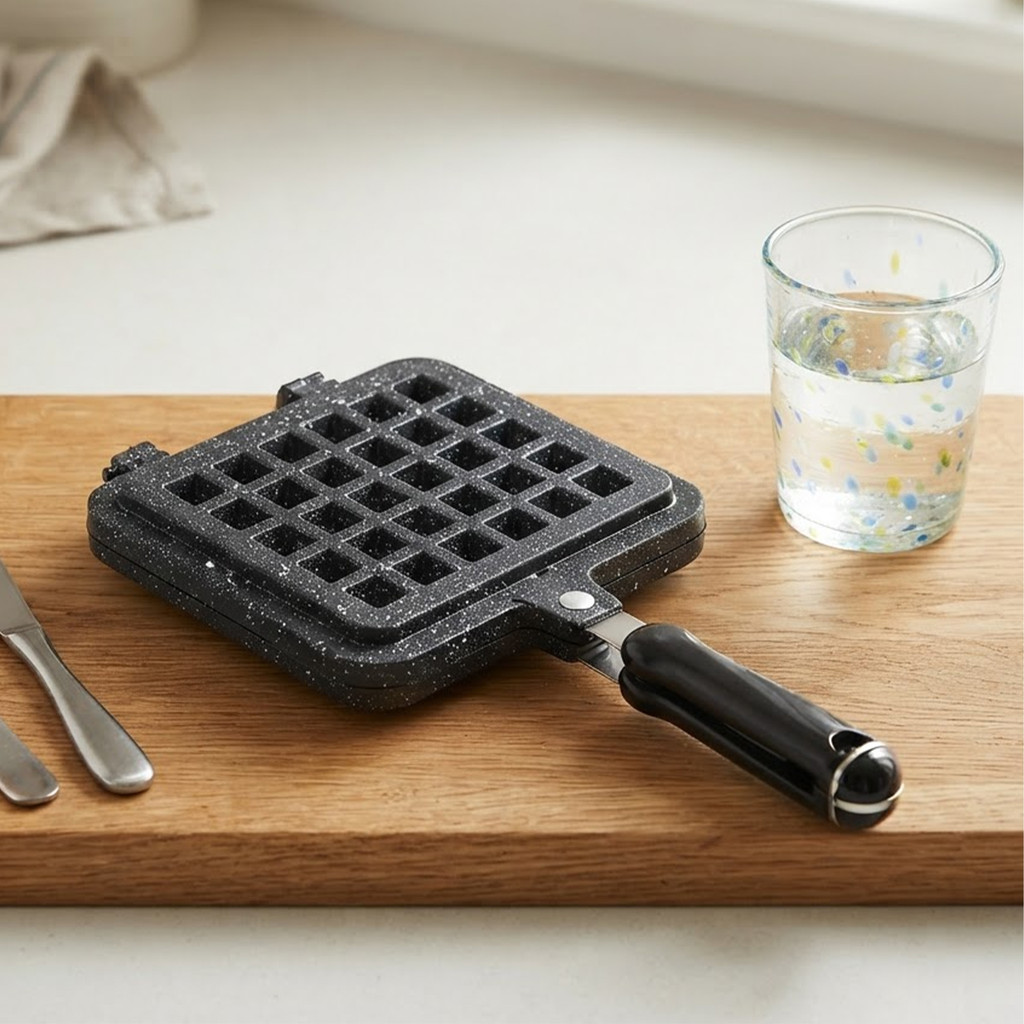 Cast Aluminium Square Non-Stick Waffle Iron Stovetop Grid Pan Locking Handle