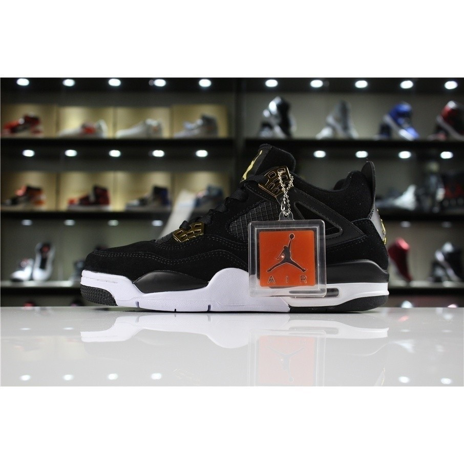 AJ4 Retro Royalty Shoes สีดํา/ทองเหลือง-ขาว สําหรับผู้ชายและผู้หญิง