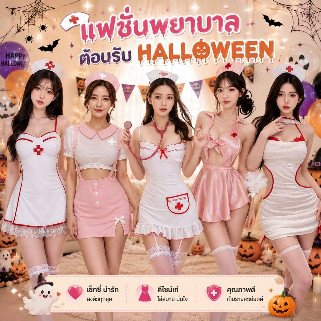 BKK SEXY ชุดคอสเพลย์พยาบาลสาว Sexy Nurse ชุดแฟนซีปาร์ตี้ Halloween พร้อมส่ง M-5XL | 40-100กก.SET-1416