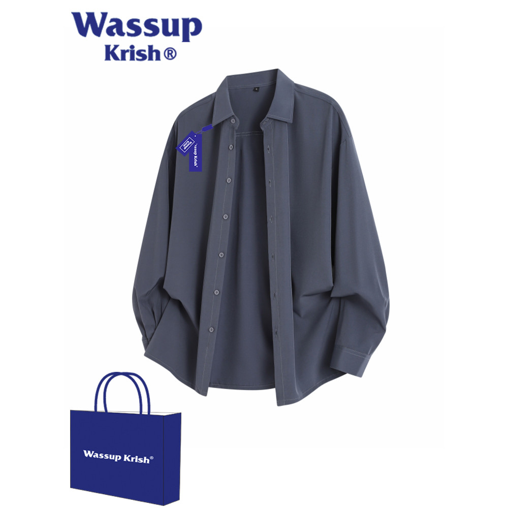 WASSUP KRISH สีเทาเข้มเรียบง่ายเสื้อแขนยาวผู้ชายฤดูใบไม้ร่วงบางเสื้อลําลองหลวม