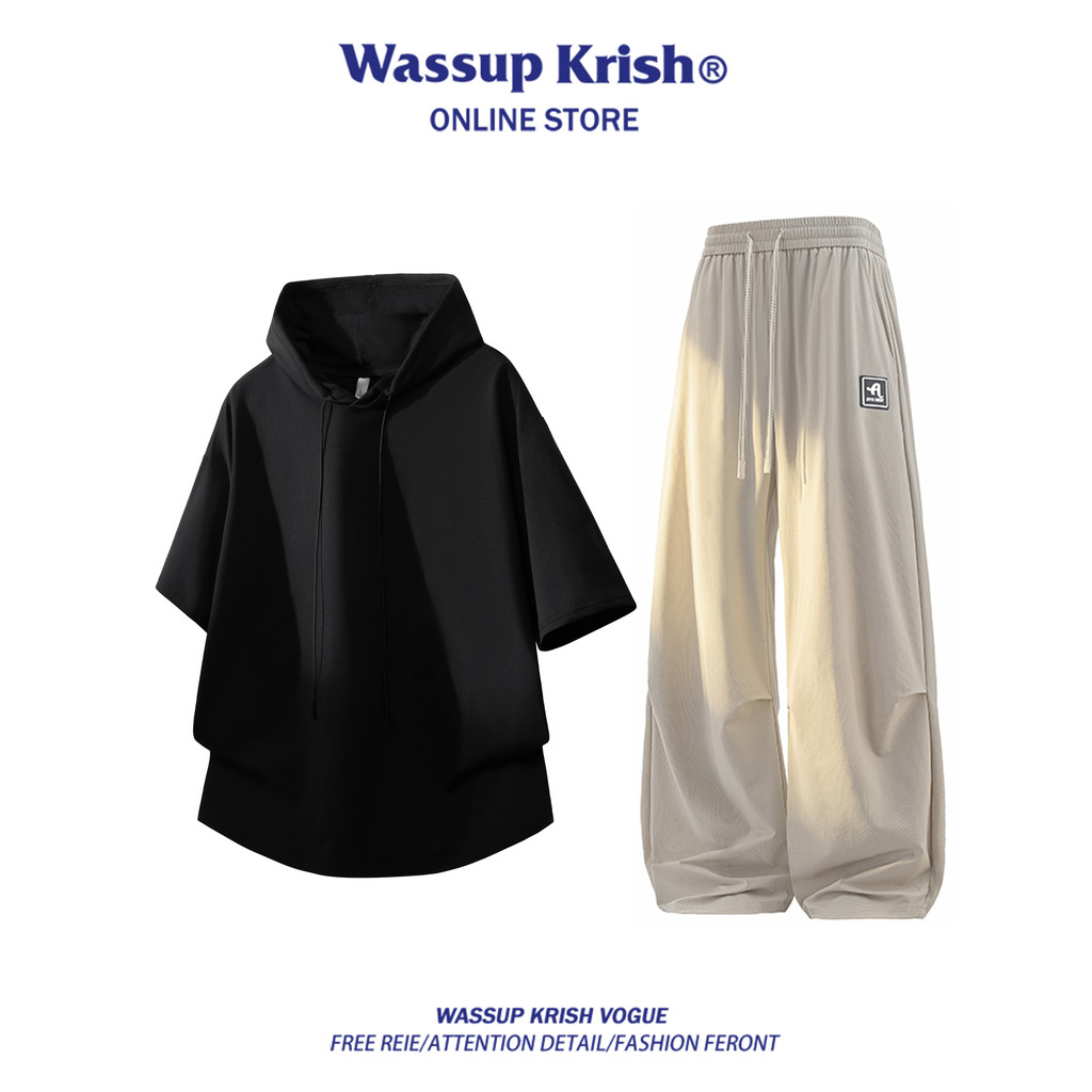 WASSUP KRISH ชุดกีฬาลําลองผู้ชายฤดูร้อนบางหลวมเยาวชนเสื้อยืดมีฮู้ดชุดกางเกง