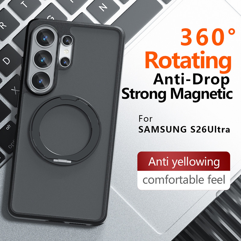 สําหรับ Samsung Galaxy S26 S25 S24 S23 Plus S22 Ultra S25 Edge S26FE S25FE S24FE S23FE หรูหรา 360° หมุนแหวนยึดโปร่งแสงเคลือบแม่เหล็กโทรศัพท์กรณีกล้องป้องกันกันกระแทกฮาร์ดซิลิโคนปก