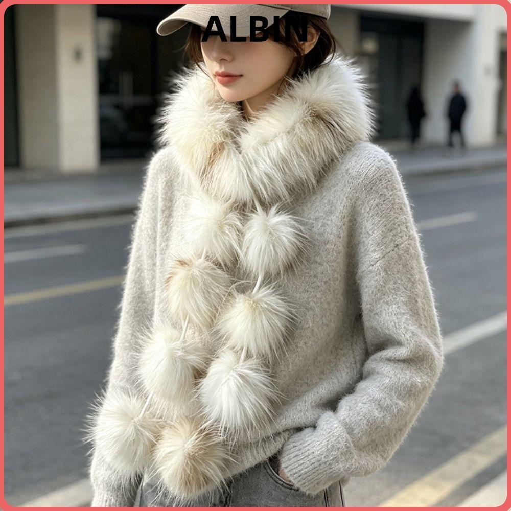 ALBIN Faux Fur ผ้าพันคอ, Faux Fur Soft Plush Texture FUR Collar ผ้าพันคอ, Pom รายละเอียด Fluffy Trim