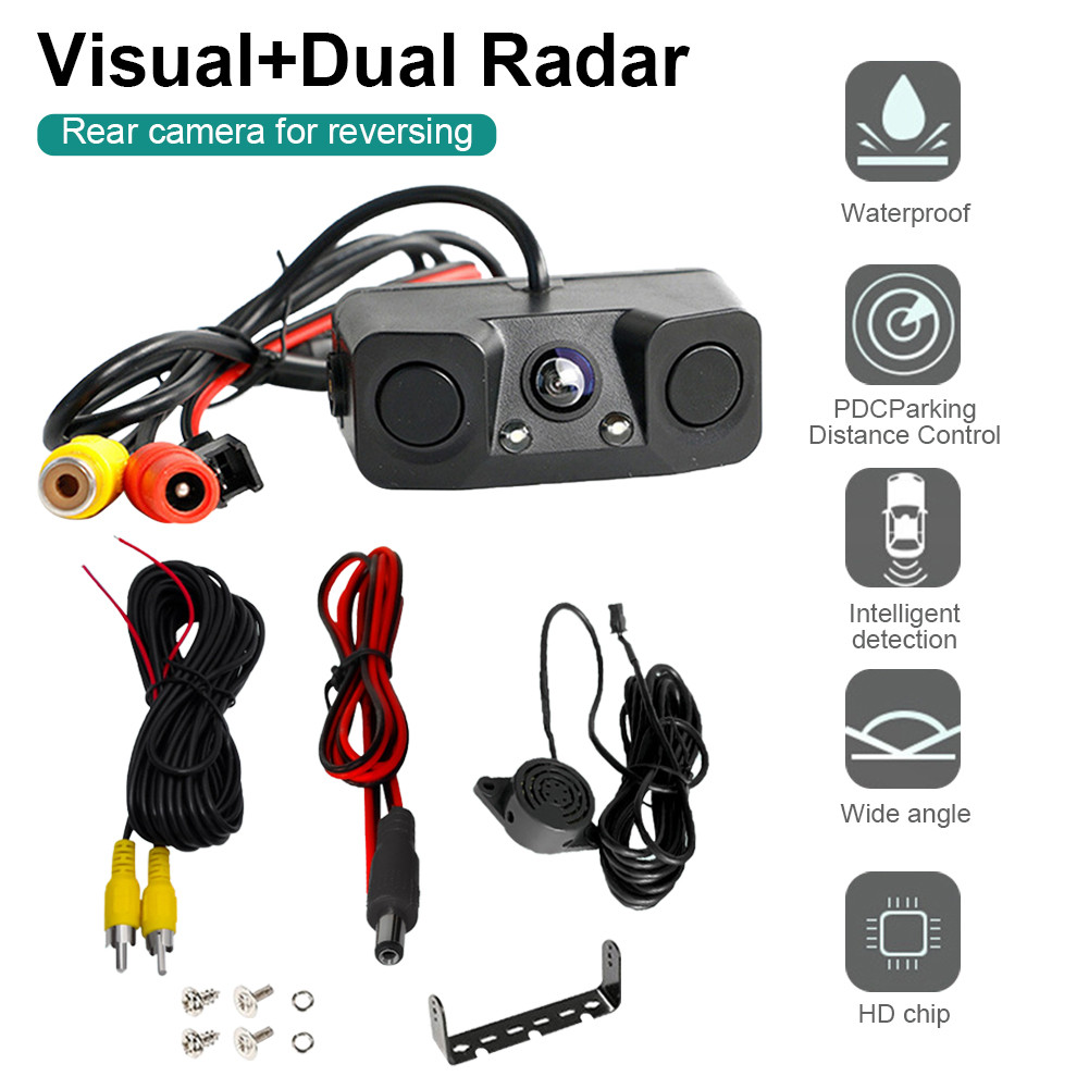 JS HD CCD กล้องมองหลังรถยนต์ 3 ใน 1 เซ็นเซอร์ตรวจจับเรดาร์ที่จอดรถ LED Night Vision กล้องถอยหลังกันน