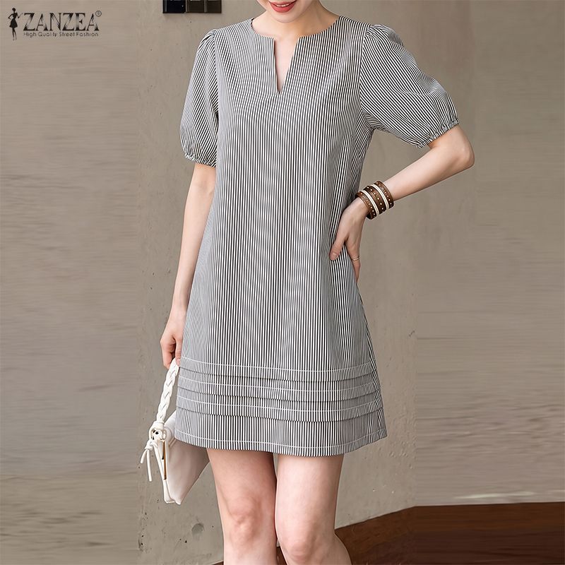 ZANZEA ใส่ ซานเซีย แฟชั่นสตรีวันหยุดสไตล์เกาหลี-ลําลองพัฟแขนลายคอวีทอติดตั้ง ชม.-เส้น ชุด ... — صورة 5