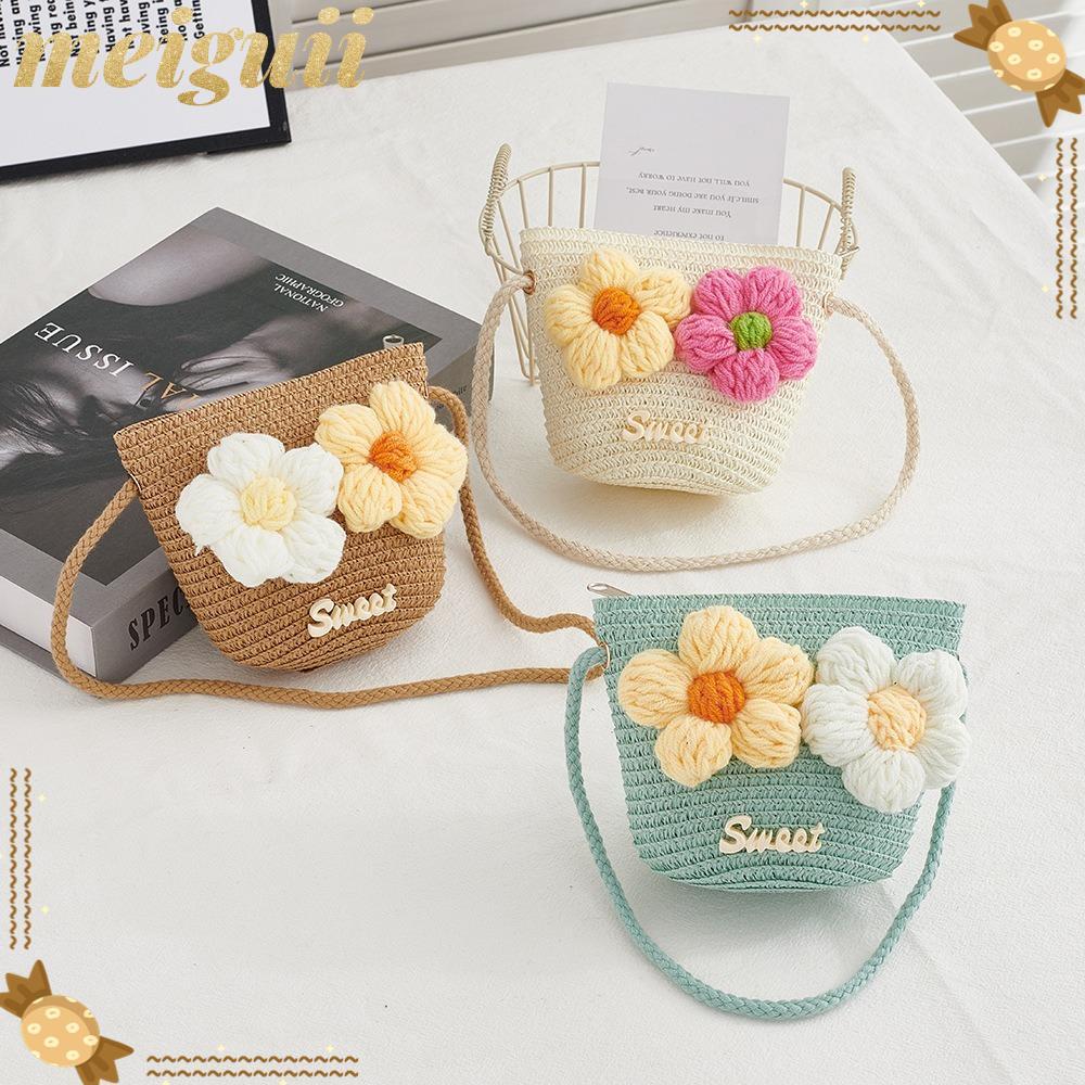 MEIGUII Kids Messenger Bags, Princess Flower Straw Bag, Zipper Mini Handbag Kids