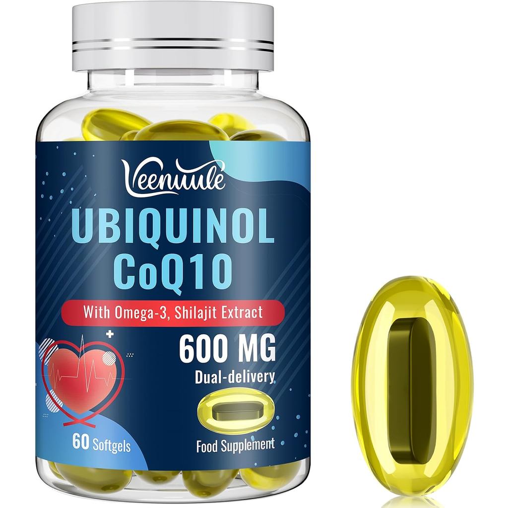 Ubiquinol CoQ10 600mg Softgels with Shilajit Extract 300mg & Omega-3 150mg สูตรจัดส่งคู่ อาหารเสริม 