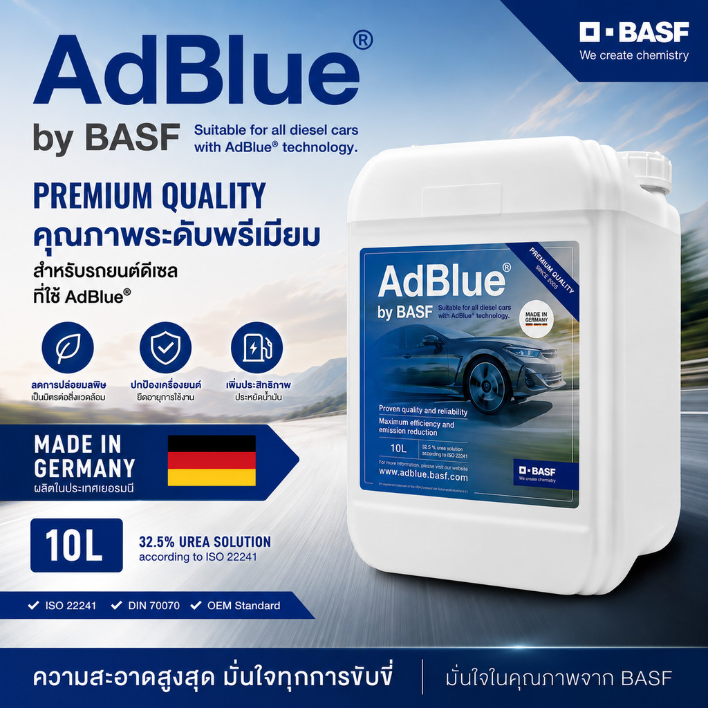 BASF น้ำยา ADBLUE + พร้อมท่อ (10 ลิตร) made in GERMANY ใช้ได้กับ Benz BMW และทุกเครื่องที่ต้องการ น้