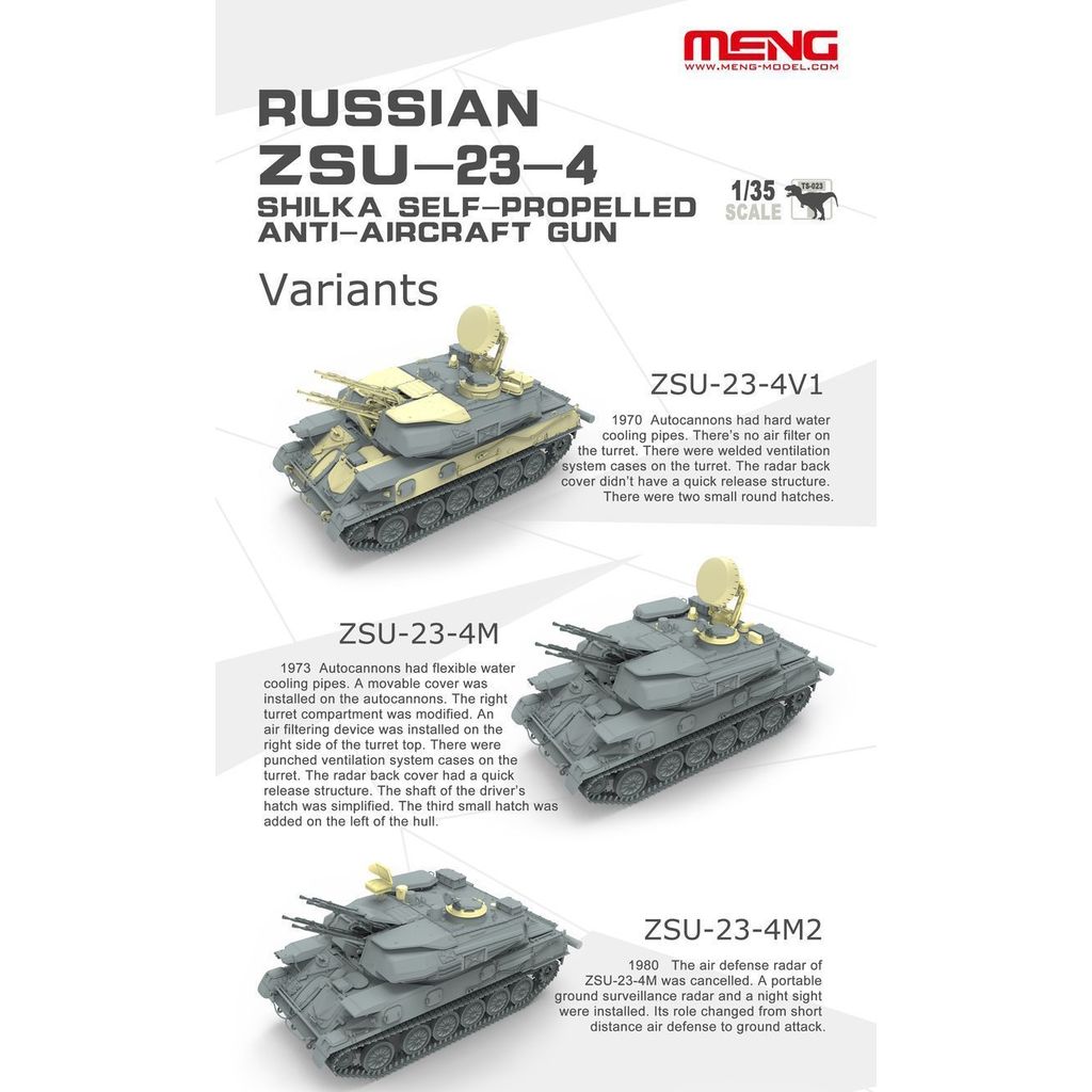 Meng Model TS-023 1/35 รัสเซีย ZSU-23-4 Shilka ชุดโมเดล Anti-Aircraft Gun ที่ขับเคลื่อนด้วยตัวเอง
