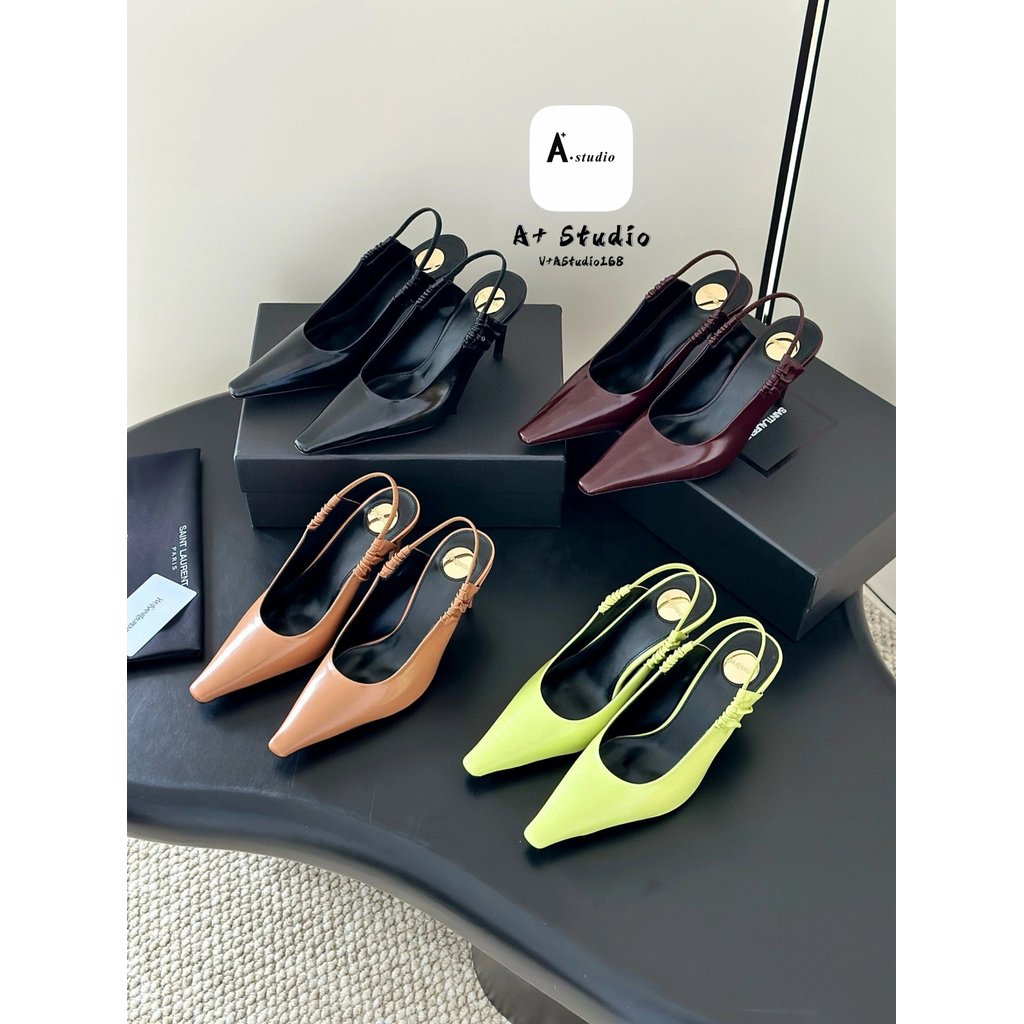 Saint LaurenYSL26 สไตล์ใหม่ส้นสูงกลับที่ว่างเปล่าจีบรองเท้าแตะผู้หญิง ysl Pointed Toe จีบรองเท้าแตะส