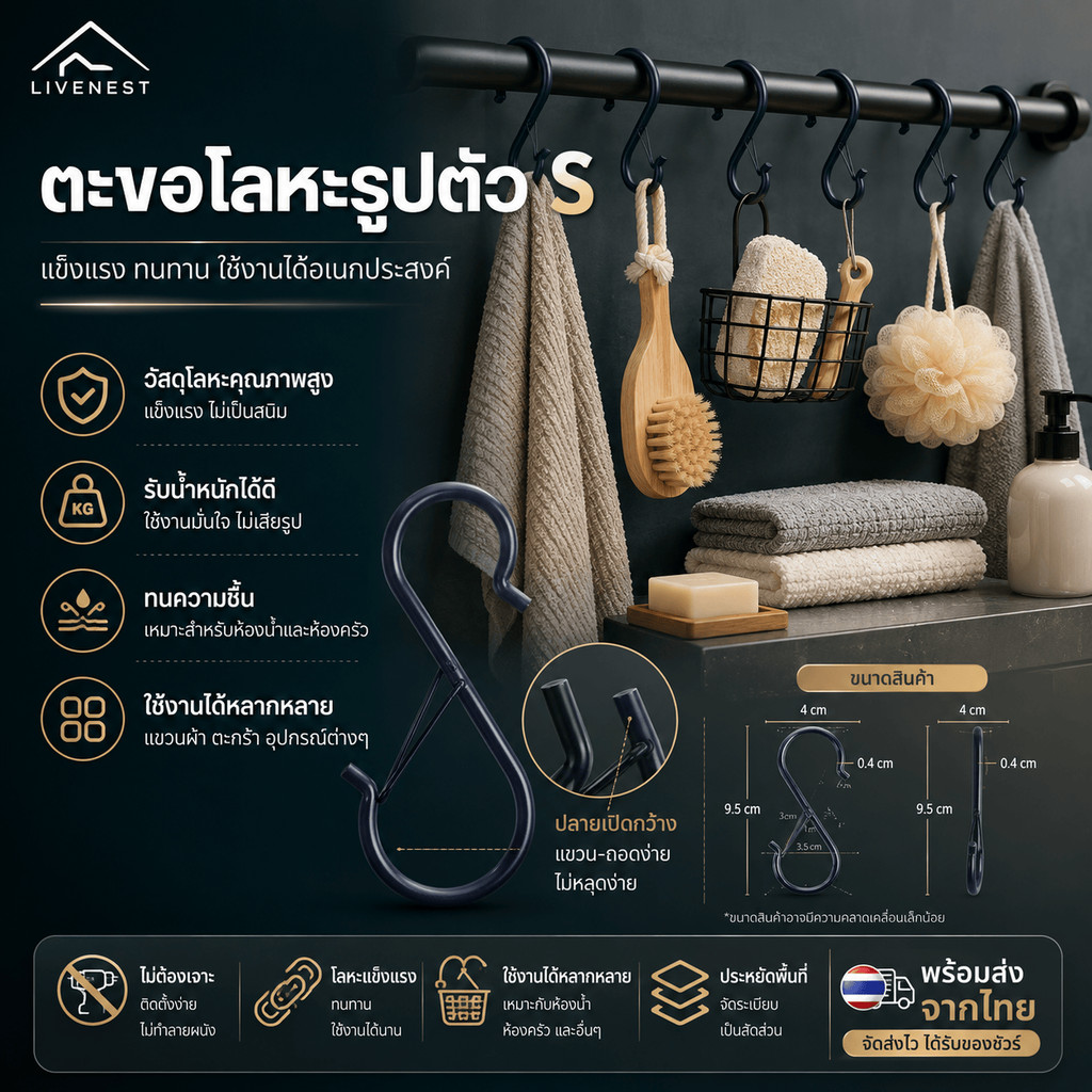 LIVENEST.กันลม ส ตะขอติดตั้งง่ายโลหะเจาะฟรีทนทานตู้เสื้อผ้าแขวนสิ่งของสามารถแขวนกระเป๋าหมวกป้องกันการล่มสลายประเทศไทยพร้อมสต็อก