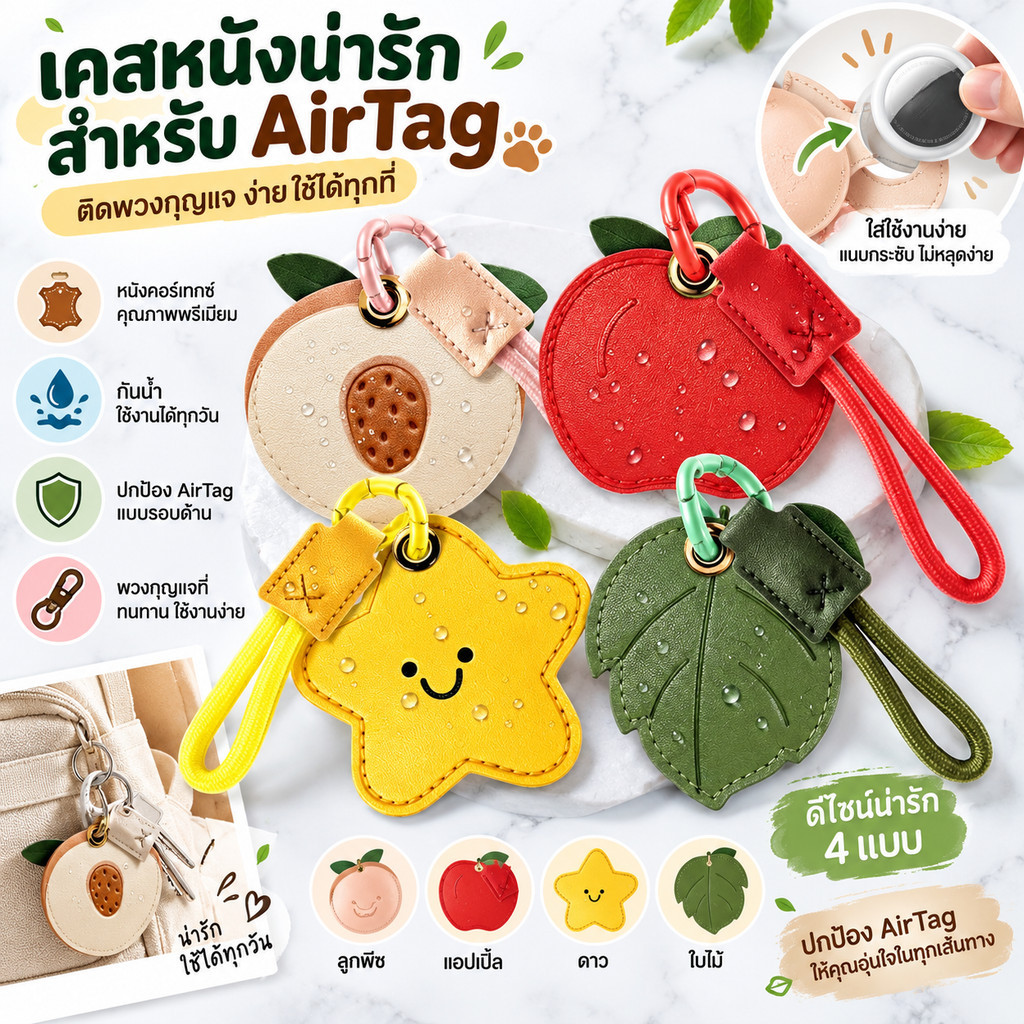 เคสหนังสำหรับพวงกุญแจ ใช้งานร่วมกับ AirTag ได้, เคส AirTag ป้องกันรอยขีดข่วน พร้อมห่วงคล้องพวงกุญแจ, เคส GPS Tracker สุดน่ารักสำหรับกระเป๋าสตางค์ กุญแจ กระเป๋า และสัตว์เลี้ยง
