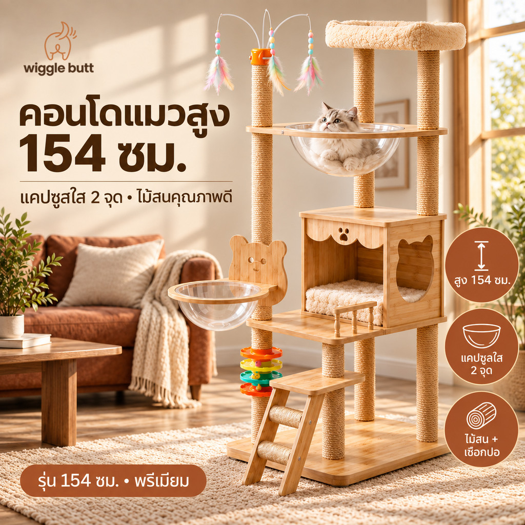 【WiggleButt】คอนโดแมว XXL ขนาดใหญ่ บ้านแมวไม้ พร้อมโดมใส 360° ที่ลับเล็บแมว และของเล่นแมวครบชุด