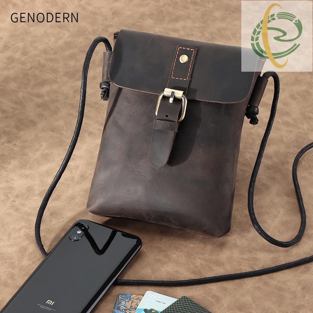 At9 GENODERN กระเป๋าสะพายข้าง Crazy Horse Cowhide Mens One-Shoulder Small Square Bag Mens Mobile Pho