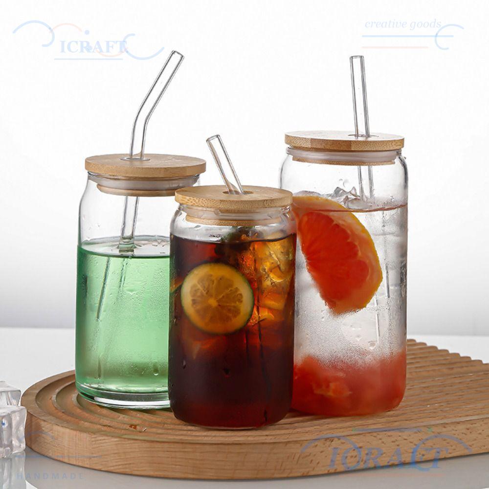 CRAFT ถ้วยฟางแก้ว, ฝาไม้ไผ่พร้อมแก้วมัทฉะฟาง, มีสไตล์ 500ML Mason Jars สําหรับค็อกเทลวิสกี้น้ําผลไม้