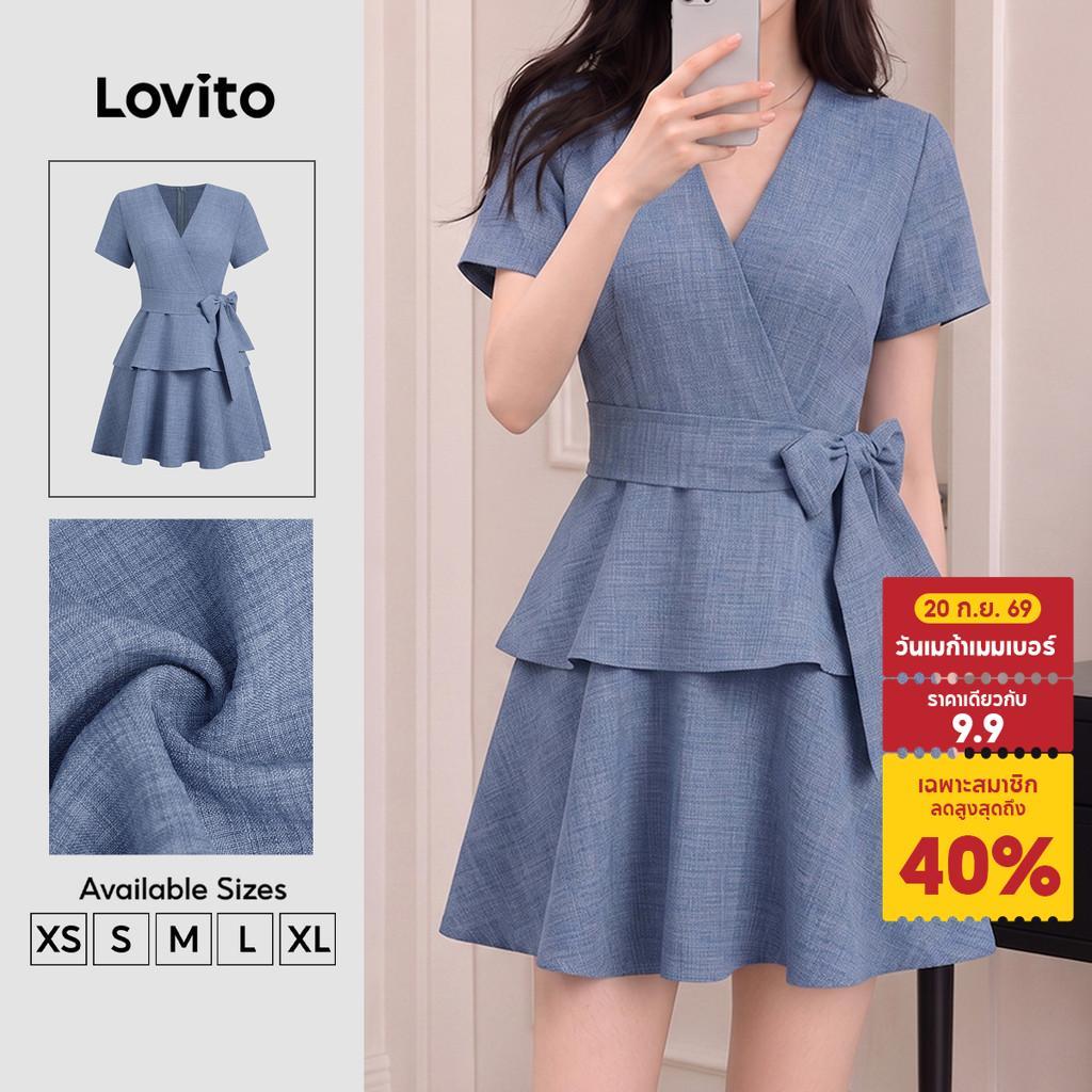 (New Arrival) Lovito ชุดเดรสผู้หญิงปลอม 2-in-1 ทรงเอสมมาตรสองชั้น สีกรมท่า ฤดูใบไม้ผลิ/ฤดูร้อน สง่างาม DRB203TD130