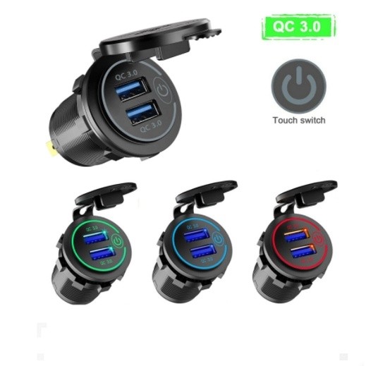 QC 3.0 USB ชาร์จเร็ว dual usb car charger พร้อมสวิตช์สัมผัส สีเขียว แดง น้ำเงิน