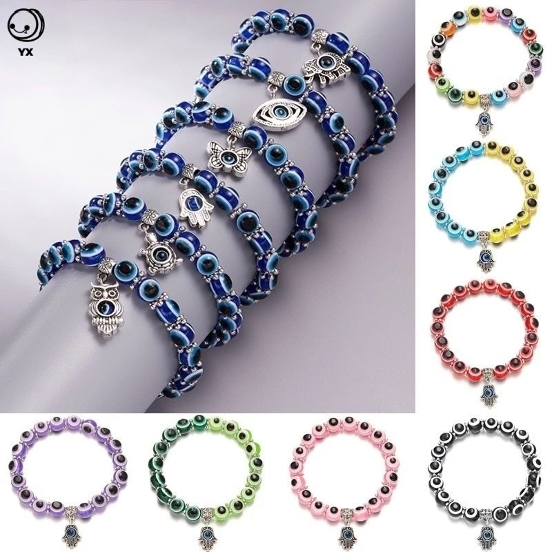 สร้อยข้อมือลูกปัดสีฟ้า Evil Eye ขนาด 8 มม. ยืดได้ เหมาะสำหรับทั้งชายและหญิง สวยงามแบบบอยฮิป และเป็นของขวัญที่ลงตัว