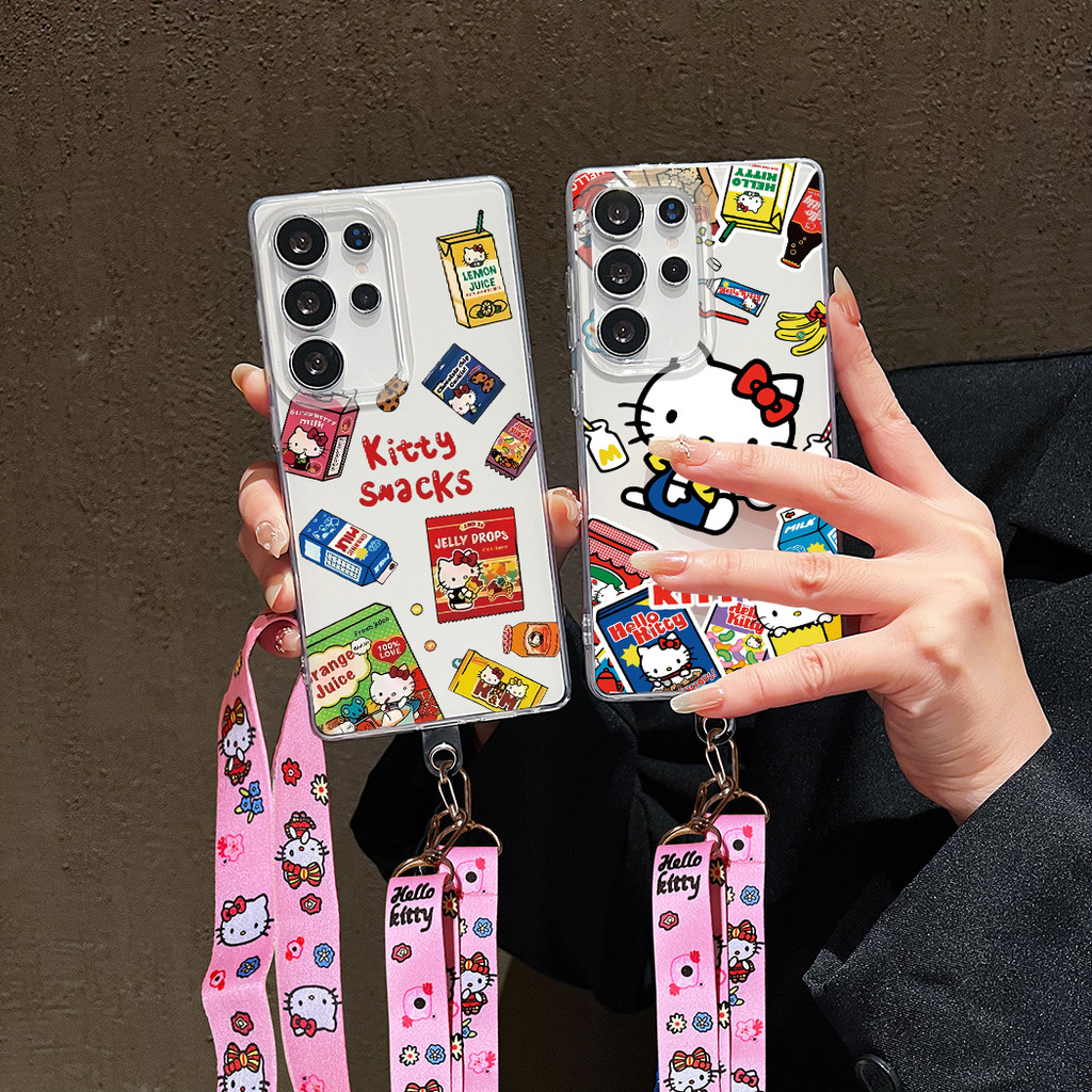 ปกหลังสําหรับ Samsung Galaxy S22 S23 S24 Plus S25 Ultra กรณีขนม Hello Kitty พร้อมเชือกเส้นเล็กสายรัด