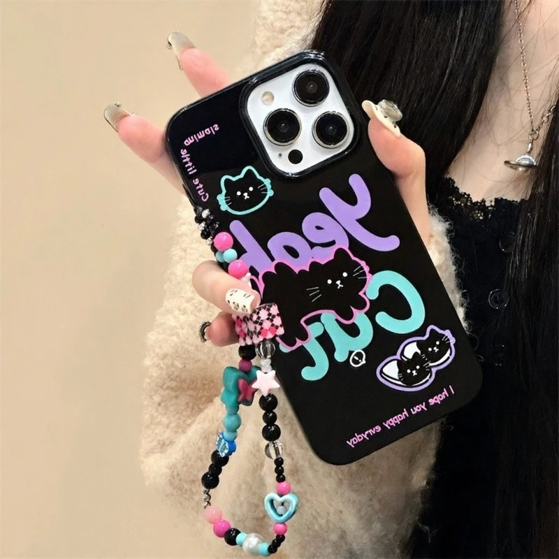 เคสโทรศัพท์มือถือนิ่ม ลายแมวดํา พร้อมสายคล้อง สําหรับ iPhone 15 14 13 12 11 Pro Max X Xr Xs Max 7 8 Plus SE2020