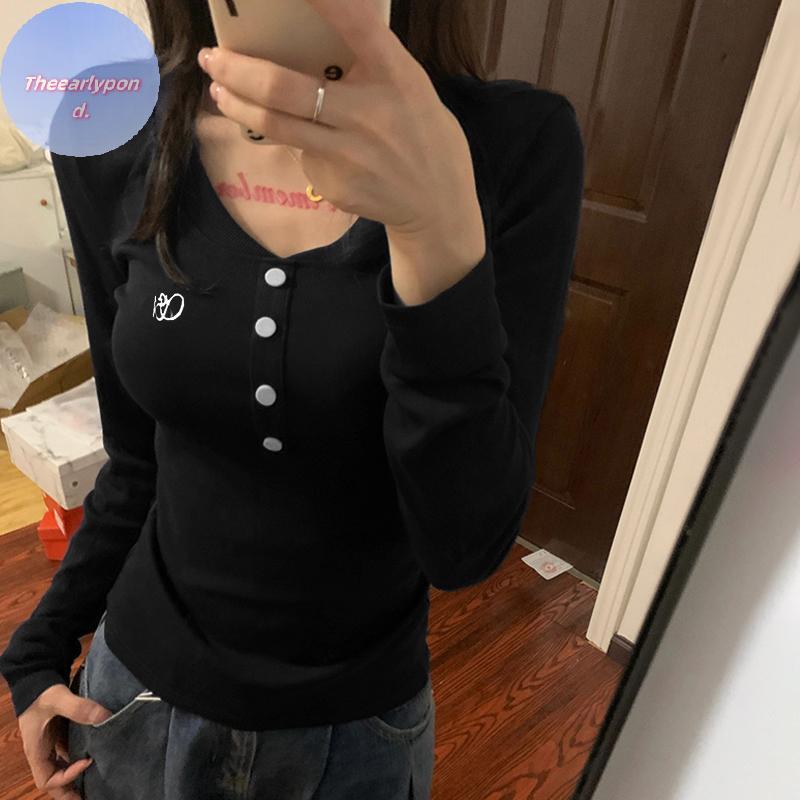 EARLYPTOND American-Style Spice Girl Slim-Fit เสื้อยืดแขนยาวคอวีสําหรับผู้หญิง TH