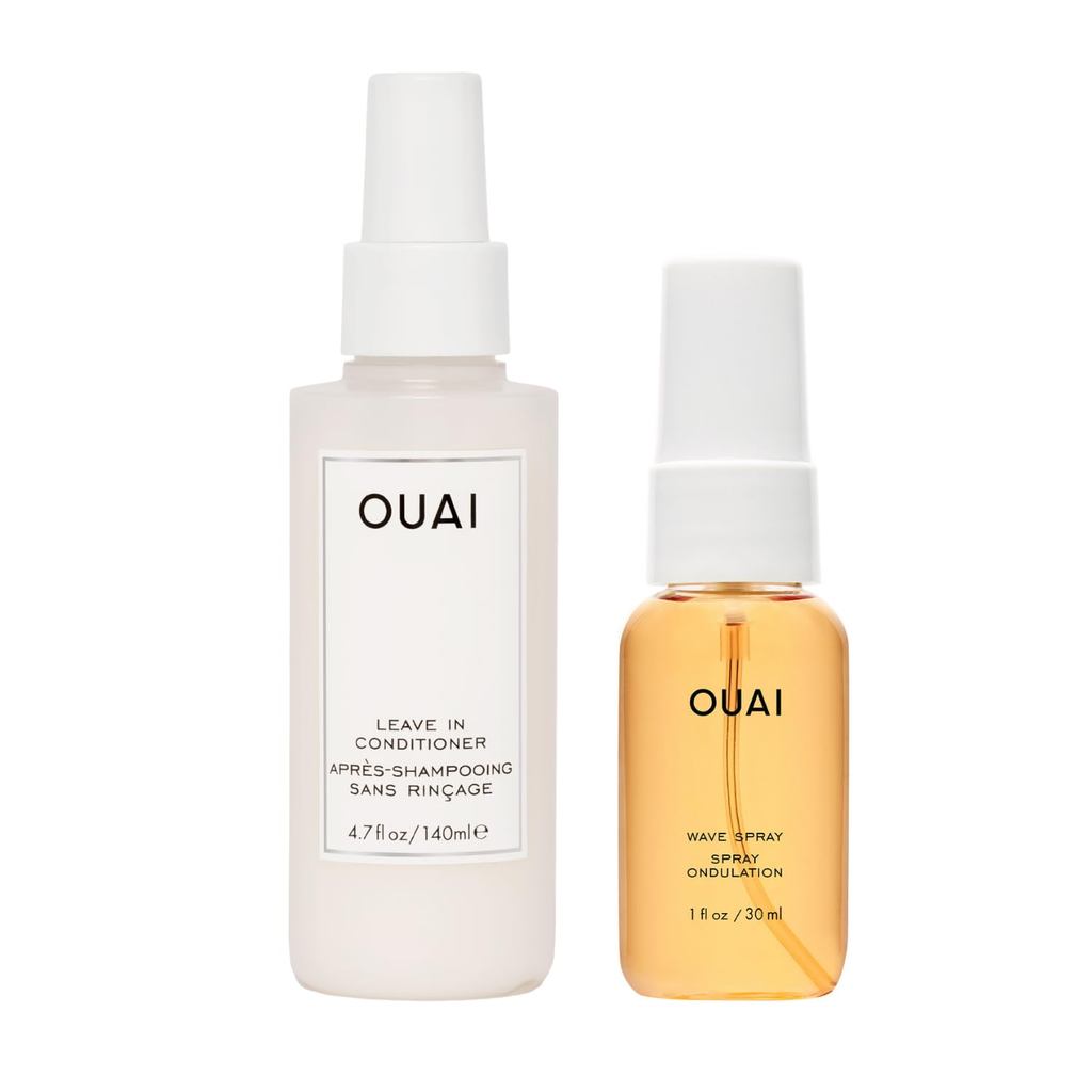 OUAI Full Size Leave In Conditioner & Deluxe Size Wave Spray Bundle - ผลิตภัณฑ์จัดแต่งทรงผมสําหรับคว