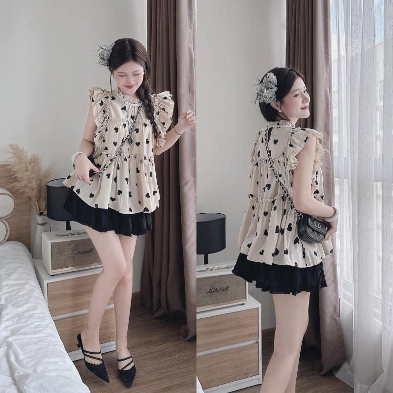 ชุดเสื้อเบบี้ดอลล์หัวใจโมติฟส์และเลดี้ไลค์กระโปรงชั้นสีดํา