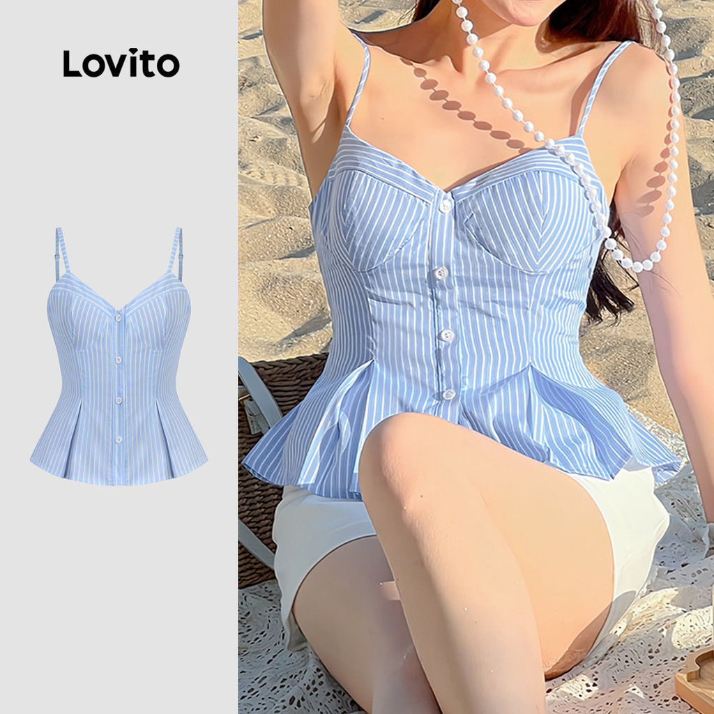 (New) Lovito เสื้อกล้ามสายเปิดคอแบบพับลายเส้น สไตล์ฤดูใบไม้ผลิ/ฤดูร้อน สีน้ำเงิน L144AD031