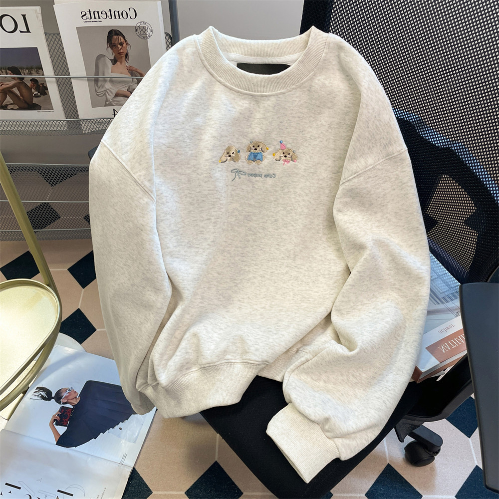 COD✅ (จัดส่งในกรุงเทพฯ)  หมาเฉพาะกลุ่มเย็บปักถักร้อย Hoodless เสื้อกันหนาวหลวมพอดีวินเทจน่ารักด้านบน