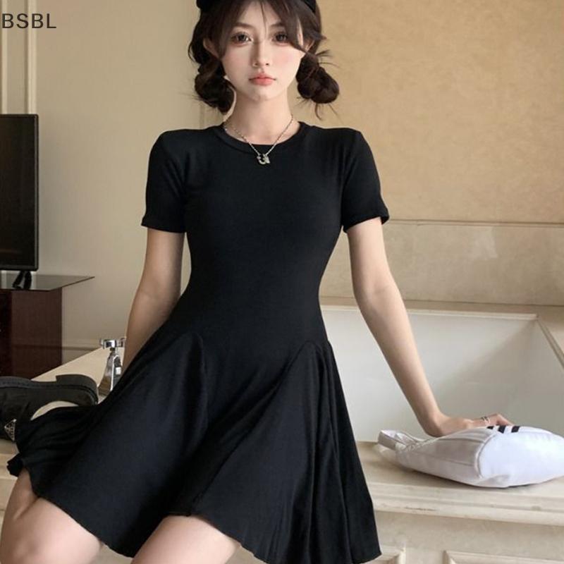 BSBL กระโปรงยาวสีดำสไตล์กึมกัน แขนสั้น คอปอม ทรงกระโปรง