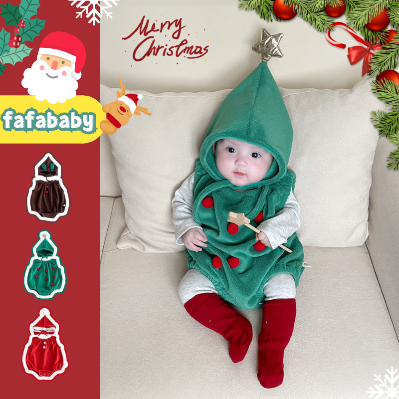 ชุดเด็กทารกน่ารักไม่มีแขนลายต้นคริสต์มาส กวางเรนเดียร์ พร้อมหมวก สำหรับเด็กชายและเด็กหญิง