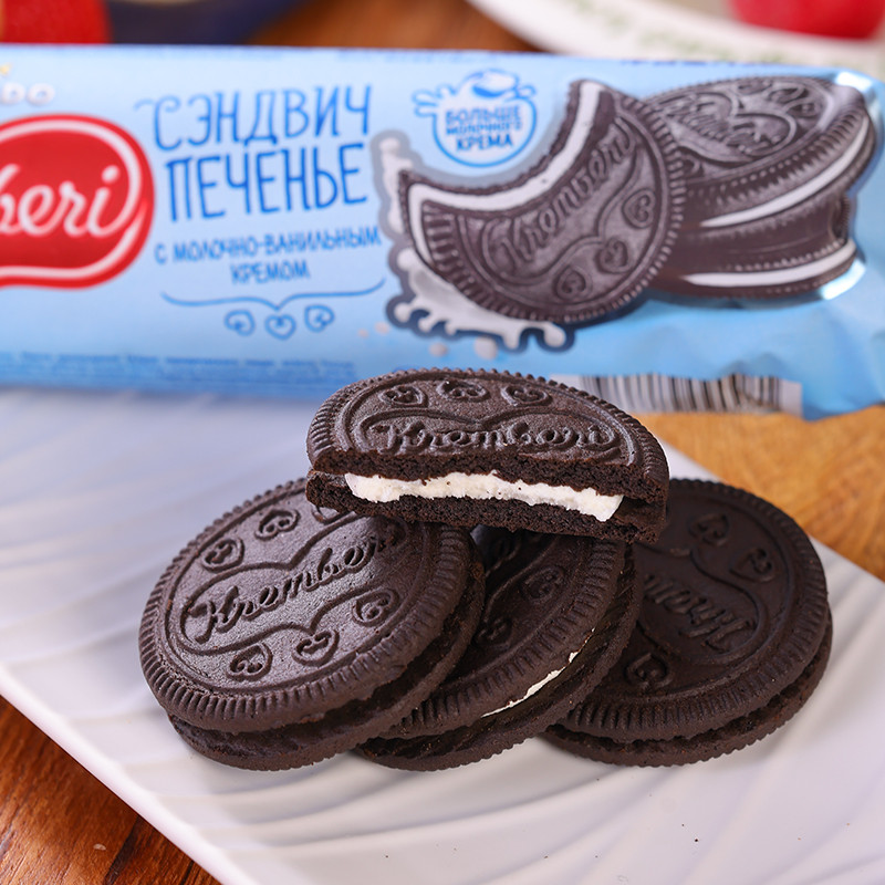 Black Cocoa Vanilla Cream Sandwich Biscuits นําเข้าจากรัสเซีย Milk Caramel Oreo Small Round Biscuits