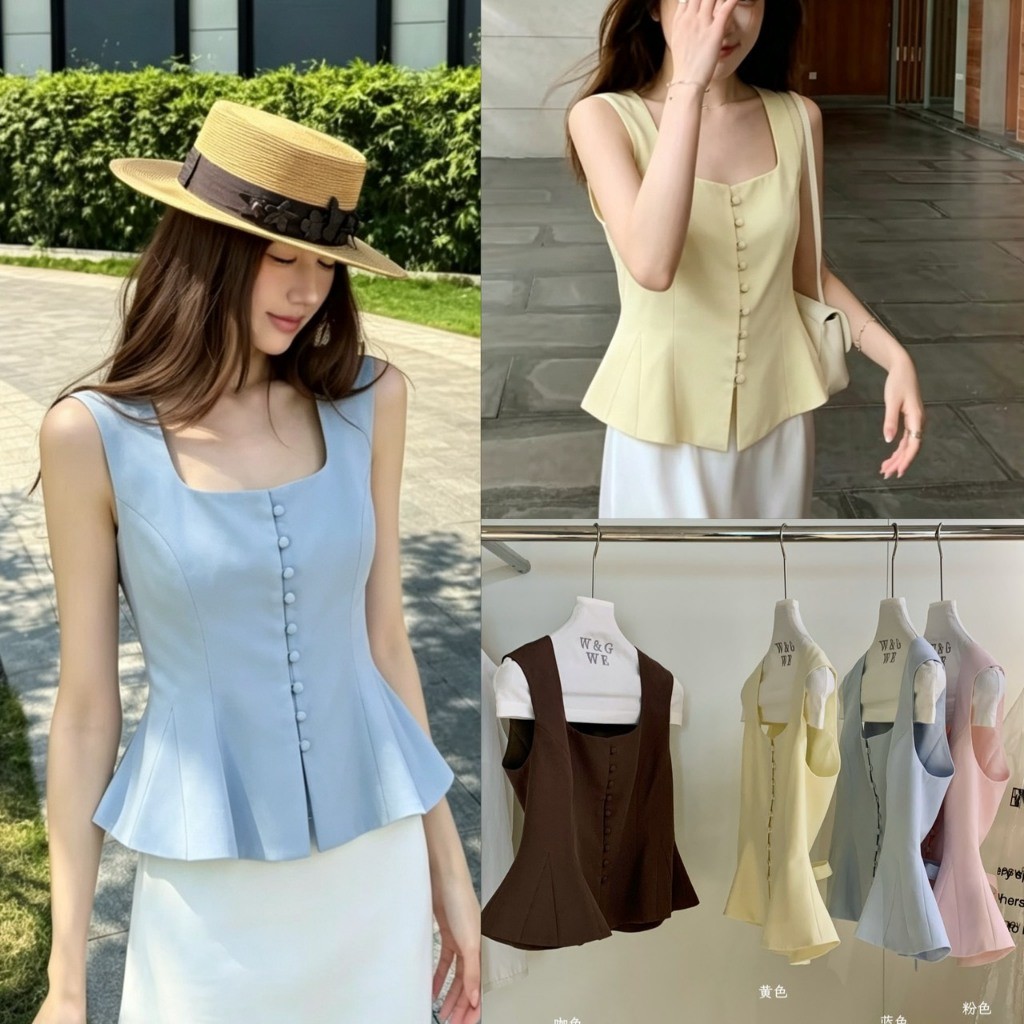❤ 🧵 🇰🇷 W10007 เสื้อแขนกุดคอเหลี่ยม กระดุมหน้า เอวเข้ารูป ชายบาน Peplum สไตล์เกาหลี แฟชั่นเกาหลี TAG WG.WE 🧡