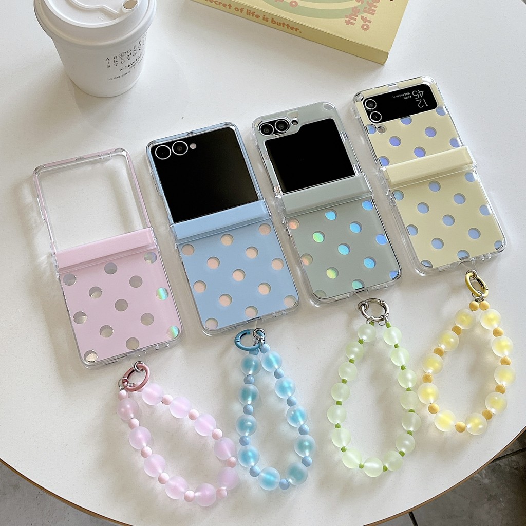เคสโทรศัพท์ลายลายจุดเรียบง่ายพร้อมสร้อยข้อมือลูกปัดฝ้าสําหรับ Samsung Galaxy Z Flip8 Z Flip7 Z Flip 6 Z Flip5 ฝาหลัง