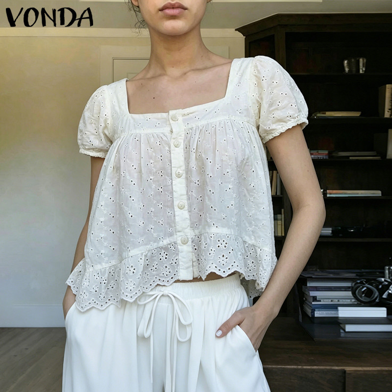 VONDA ผู้หญิงเกาหลีหวานรีสอร์ทสไตล์สแควร์คอพัฟแขน Single-Breasted Hollow Lace Ruffles Hem เสื้อ — صورة 6