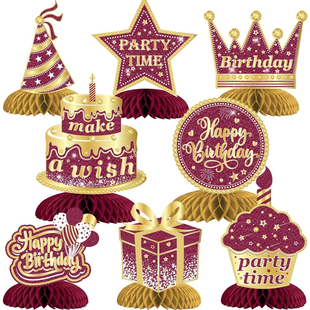 Cheereveal 8 ชิ้น Burgundy วันเกิดตกแต่งรังผึ้ง Centerpieces, Happy Birthday Centerpieces ตาราง Topp