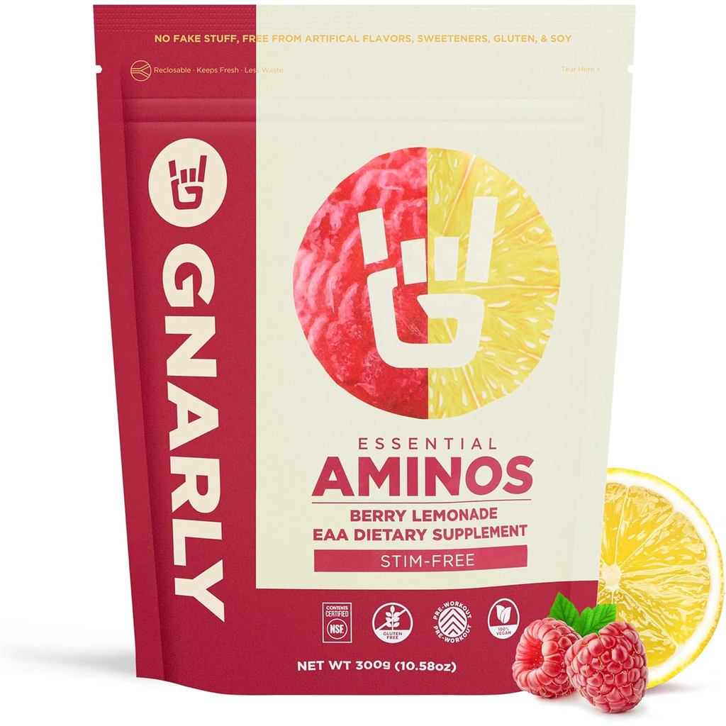 Gnarly Nutrition Essential Aminos Powder, Berry Lemonade – Pre-Workout Amino Acids – เนื้อหา NSF ได้