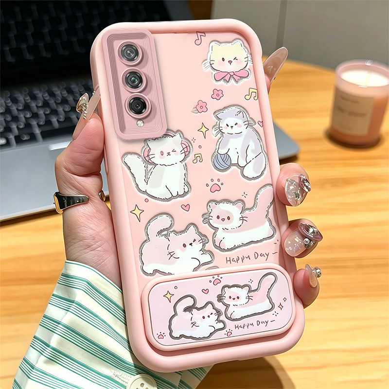 เคสสําหรับ huawei nova 5t nova5 t เคสโทรศัพท์ Softcase ซิลิโคนกันกระแทกการออกแบบใหม่ความงามน่ารักแมวสีชมพูพร้อมที่วาง JTKLMZJ3