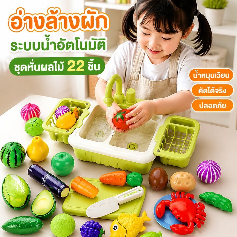 ชุดของเล่นครัวเด็ก อ่างล้างจานน้ำหมุนเวียนอัตโนมัติ ชุดหั่นผักผลไม้ 22 ชิ้น เล่นน้ำ เสริมทักษะ