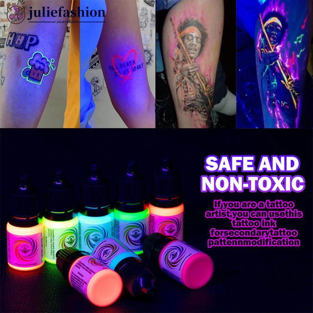 JULIEFASHION 8 สี UV Tattoo Ink 5ml เรืองแสง Blacklight Reactive Pigment เรืองแสงภายใต้ UV Light สํา