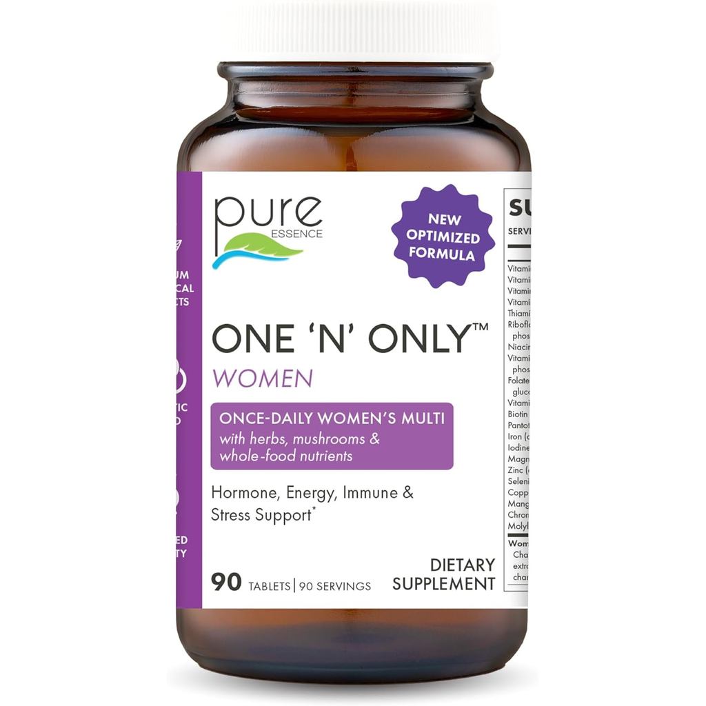 PURE ESSENCE LABS One N Only Multivitamin for Women, Natural One a Day อาหารเสริมสมุนไพรวิตามิน D3, 